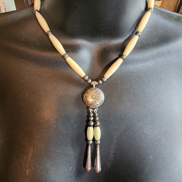 Native American Jewelry - Sterling silver and Bone organic jewelry Native American dangle necklace signed